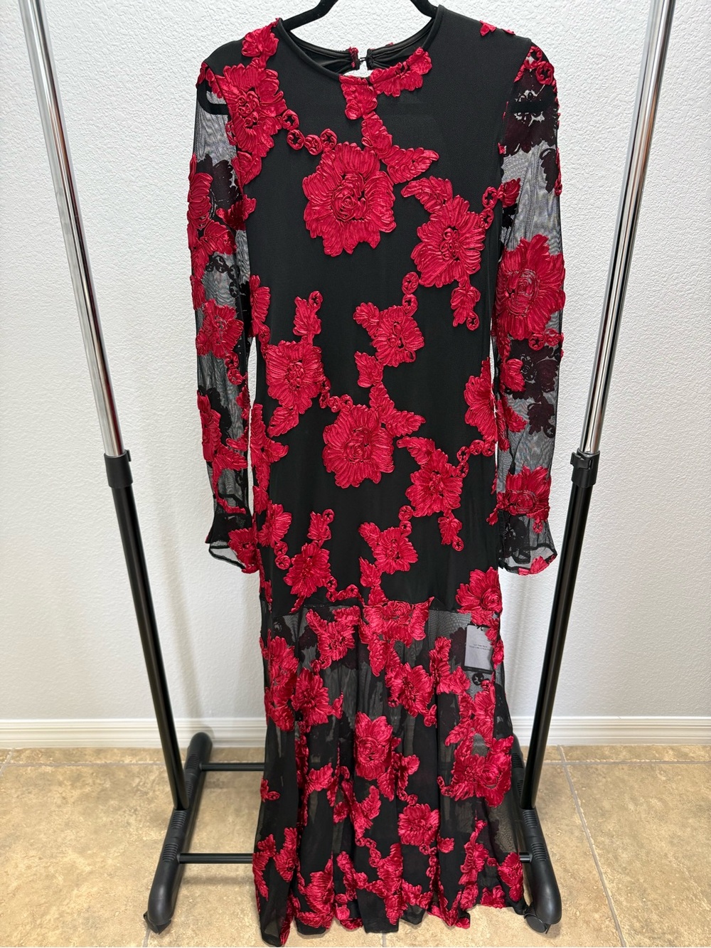Black Long-Sleeve Dress with Red Floral Appliqué